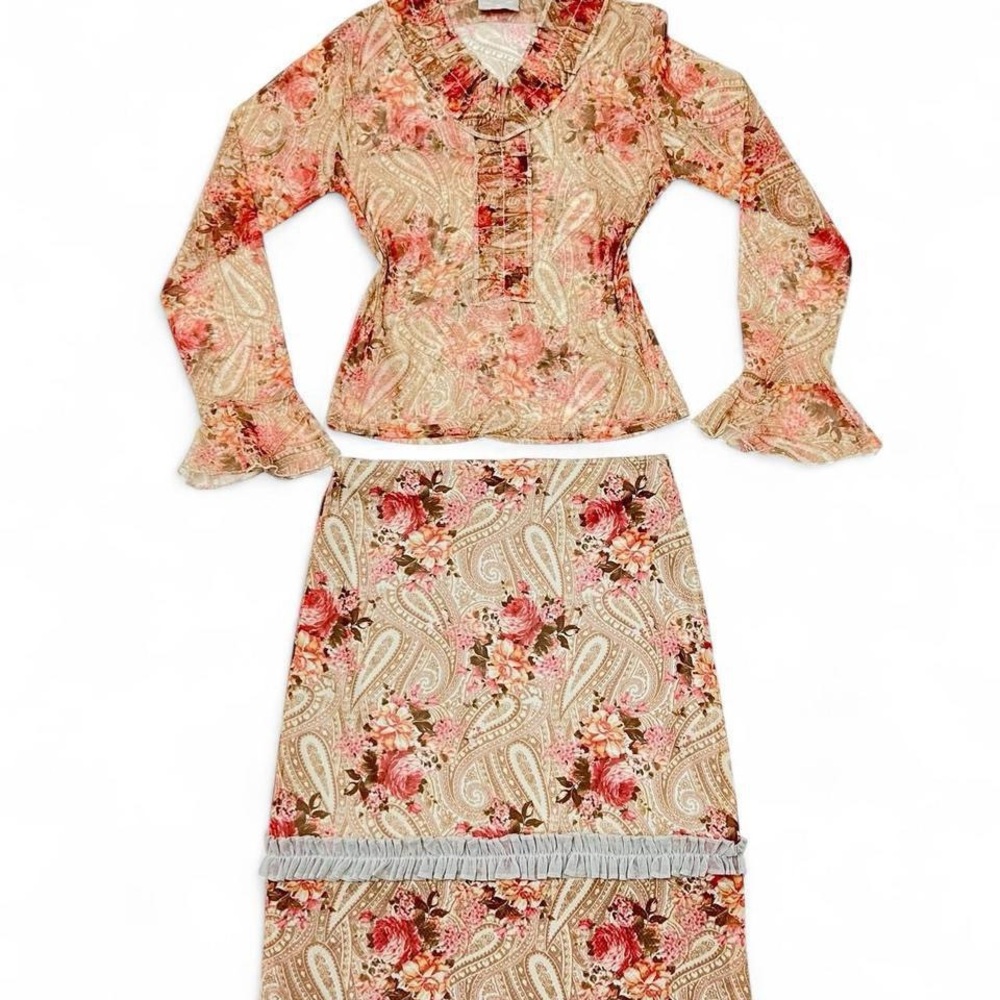 Floral Paisley Two-Piece Skirt Set in Blush and Rose